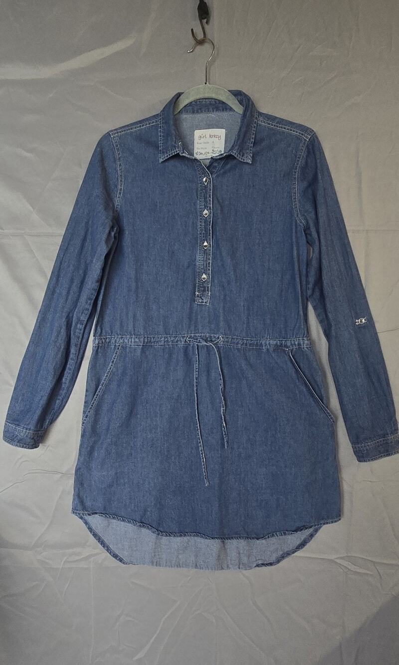 Girl Krazy Dress Womens Small Blue Denim Shirt Tunic Drawstring Pockets Collared